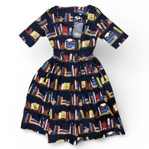 Collectif Vintage London Dress Fit & Flare Swing Dress 50s XS US 4 Books Retro